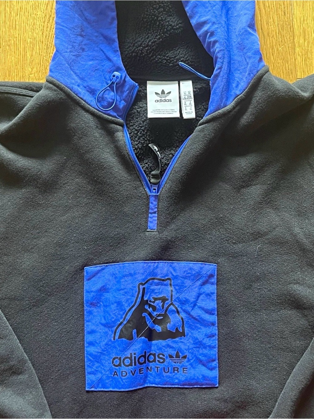 adidas Polar Bear Fleece Hoodie Mens XL Half Zip Black Blue - Bleach Speck Marks